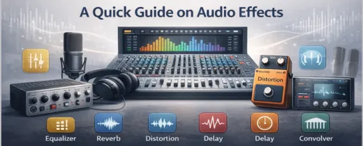Audio effects guide showing equalizer, reverb, distortion, delay and convolver on a mixing console